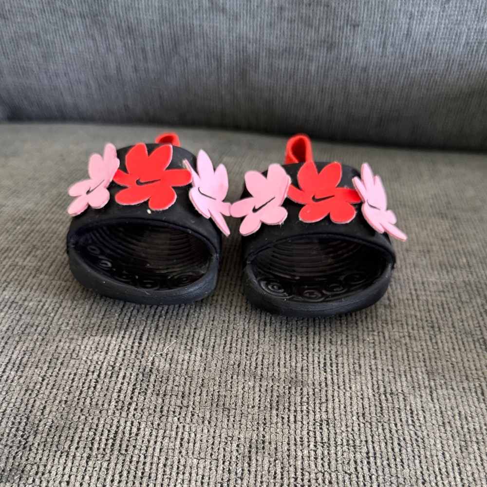 Nike Kids Black Sandals with Pink and Red Floral Accents